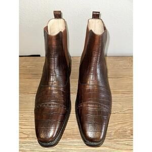 Animas Code Men's Brown Crocodile Pattern Leather Chelsea Boots Square Toe